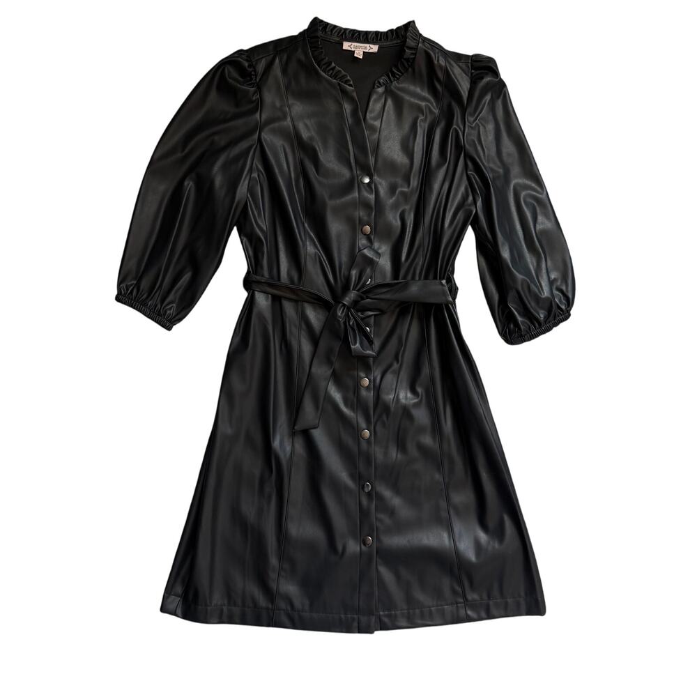 Nanette Lepore Black Faux Leather Ruffle Neck Snap Front Belted Dress Size 10